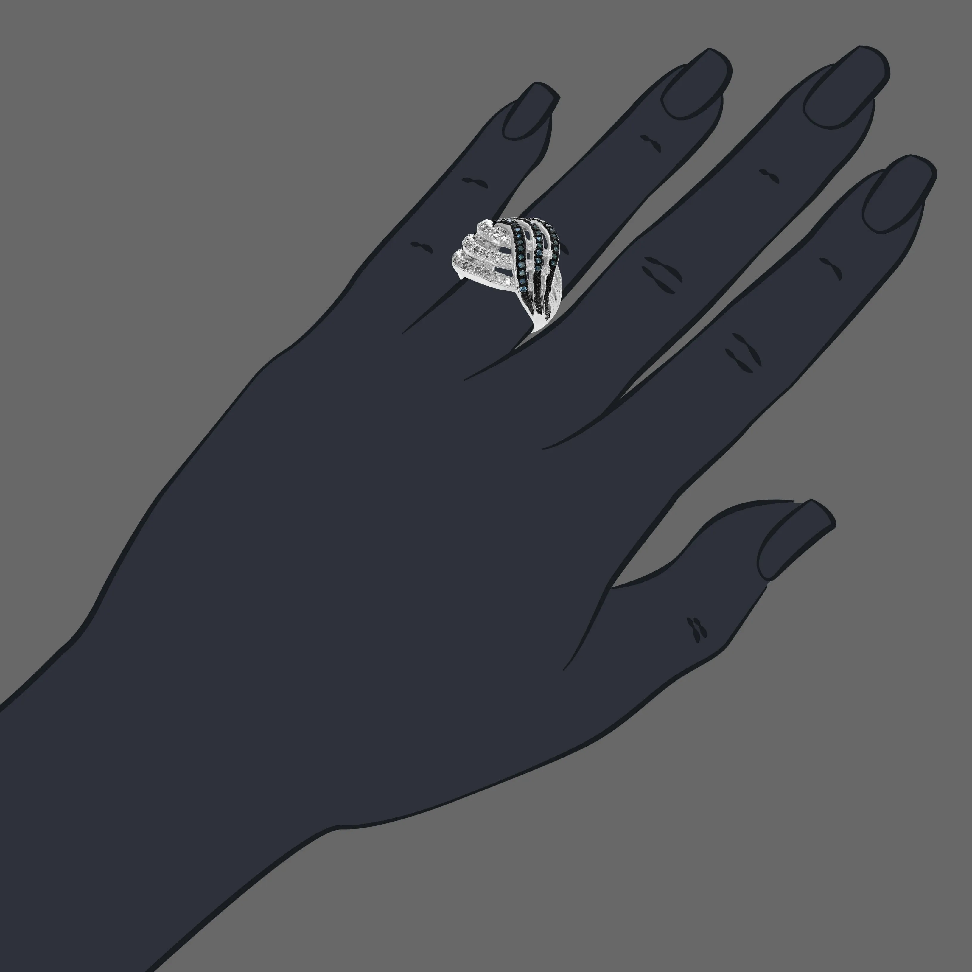 1.25 cttw Blue and White Wave Diamond Statement Ring in Silver