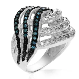 1.25 cttw Blue and White Wave Diamond Statement Ring in Silver