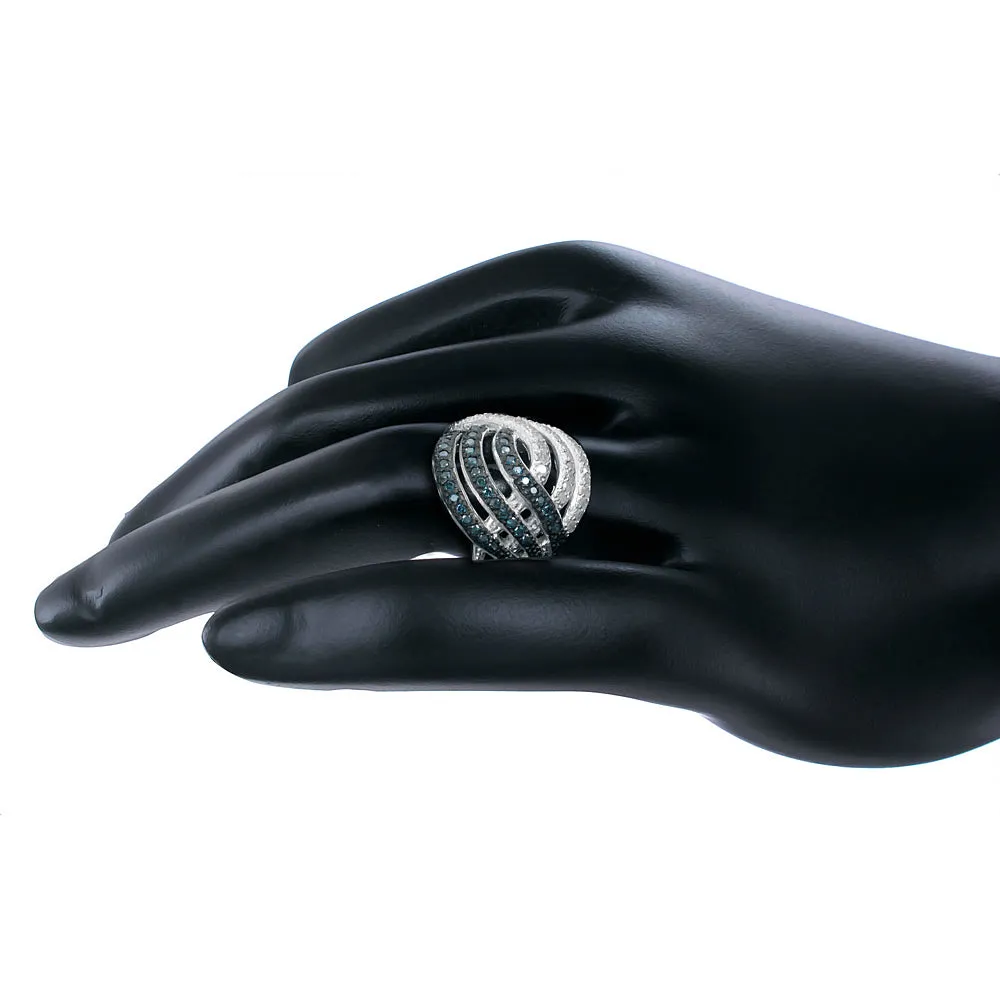 1.25 cttw Blue and White Wave Diamond Statement Ring in Silver