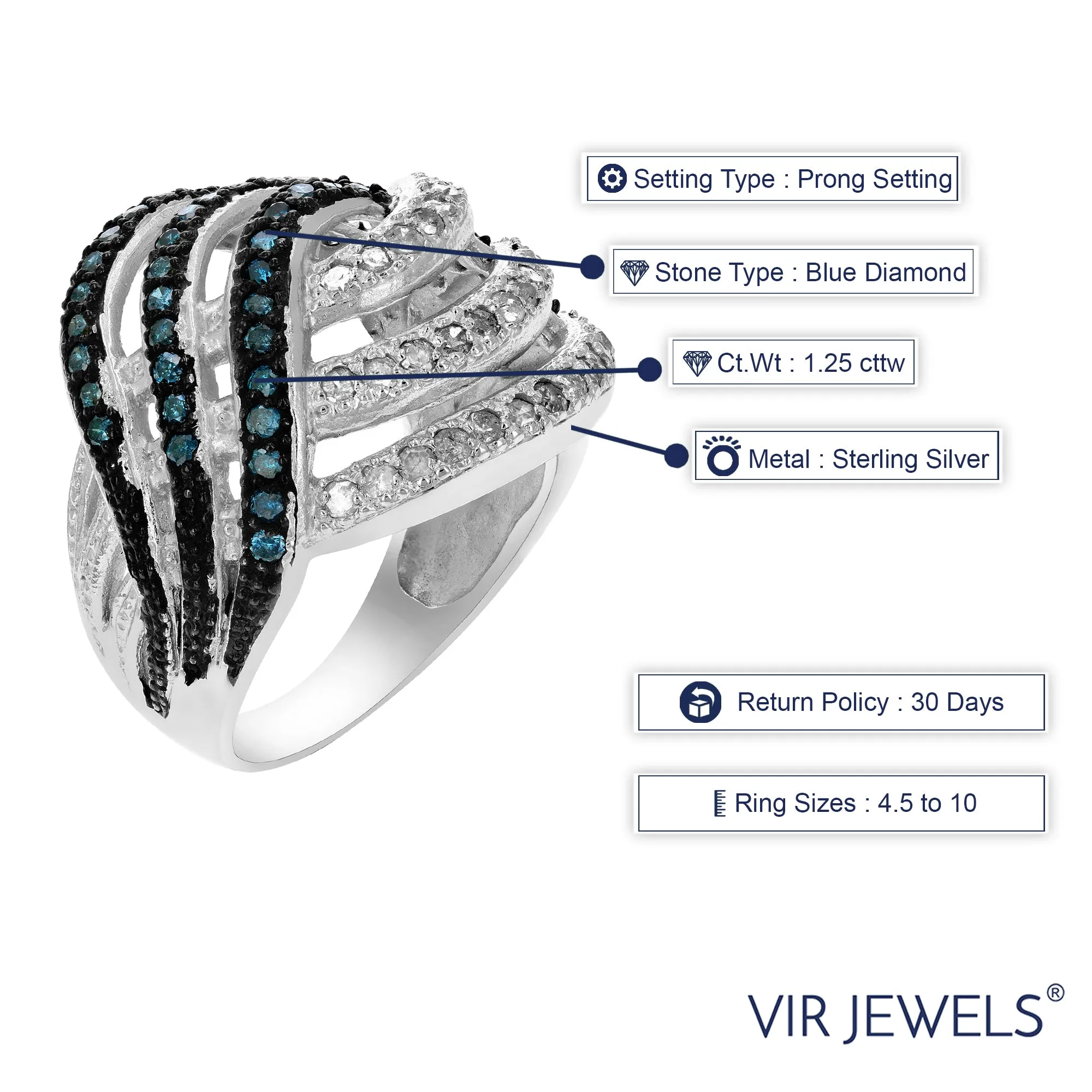 1.25 cttw Blue and White Wave Diamond Statement Ring in Silver