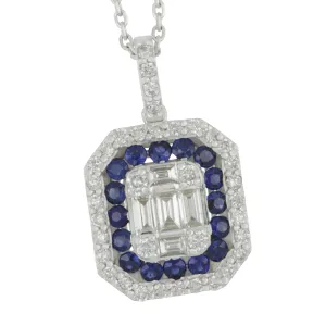 14k White Gold Double Halo Sapphire with Round and Baguette Mosaic Diamond Pendant 16", D=0.56tw GH/SI1-VS SA=0.45tw