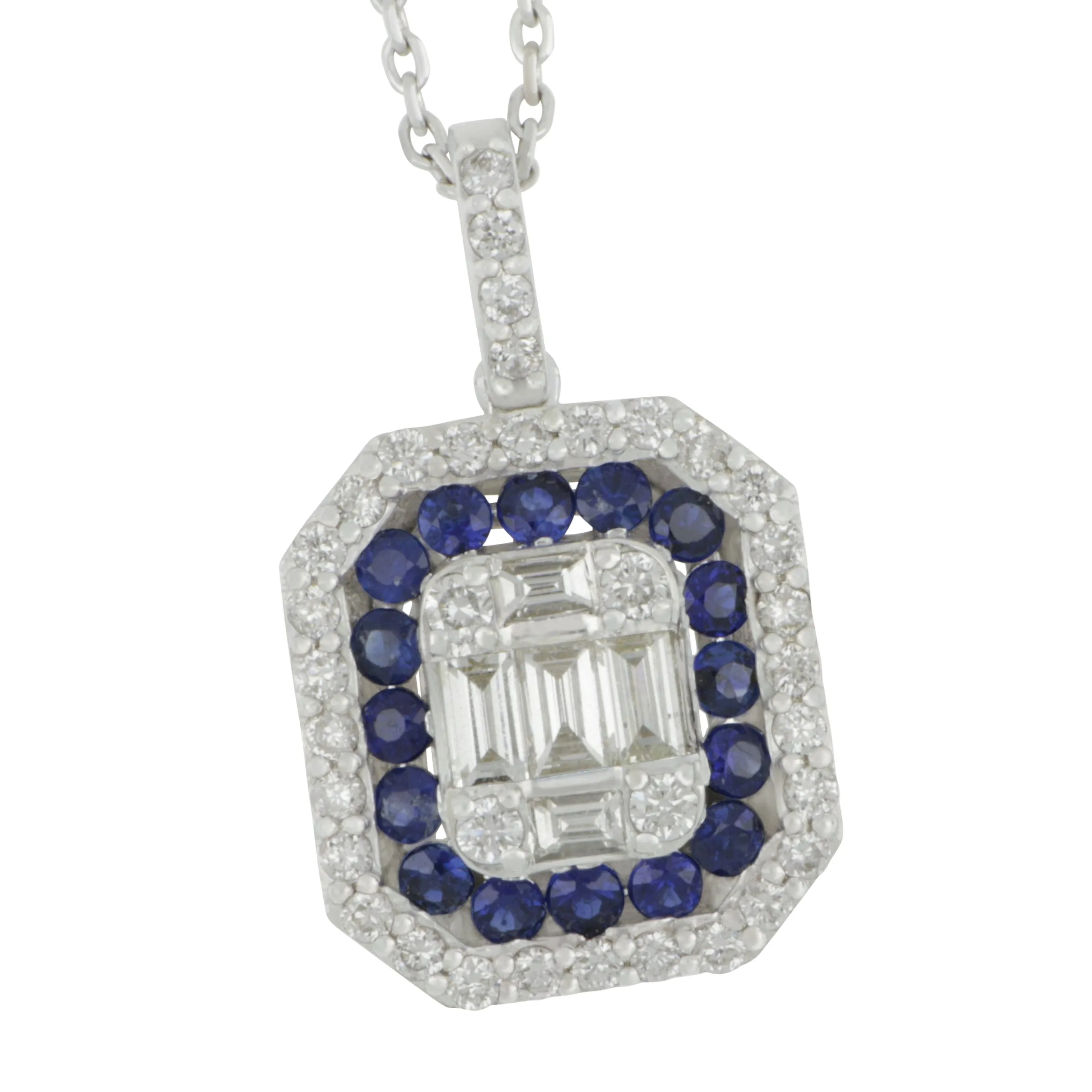 14k White Gold Double Halo Sapphire with Round and Baguette Mosaic Diamond Pendant 16", D=0.56tw GH/SI1-VS SA=0.45tw