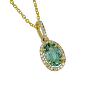 14k Yellow Gold 16" Oval Mint Tourmaline Necklace with Diamond Bezel/Bail, Mint Tourm=1.06ct, 30D=.15tw