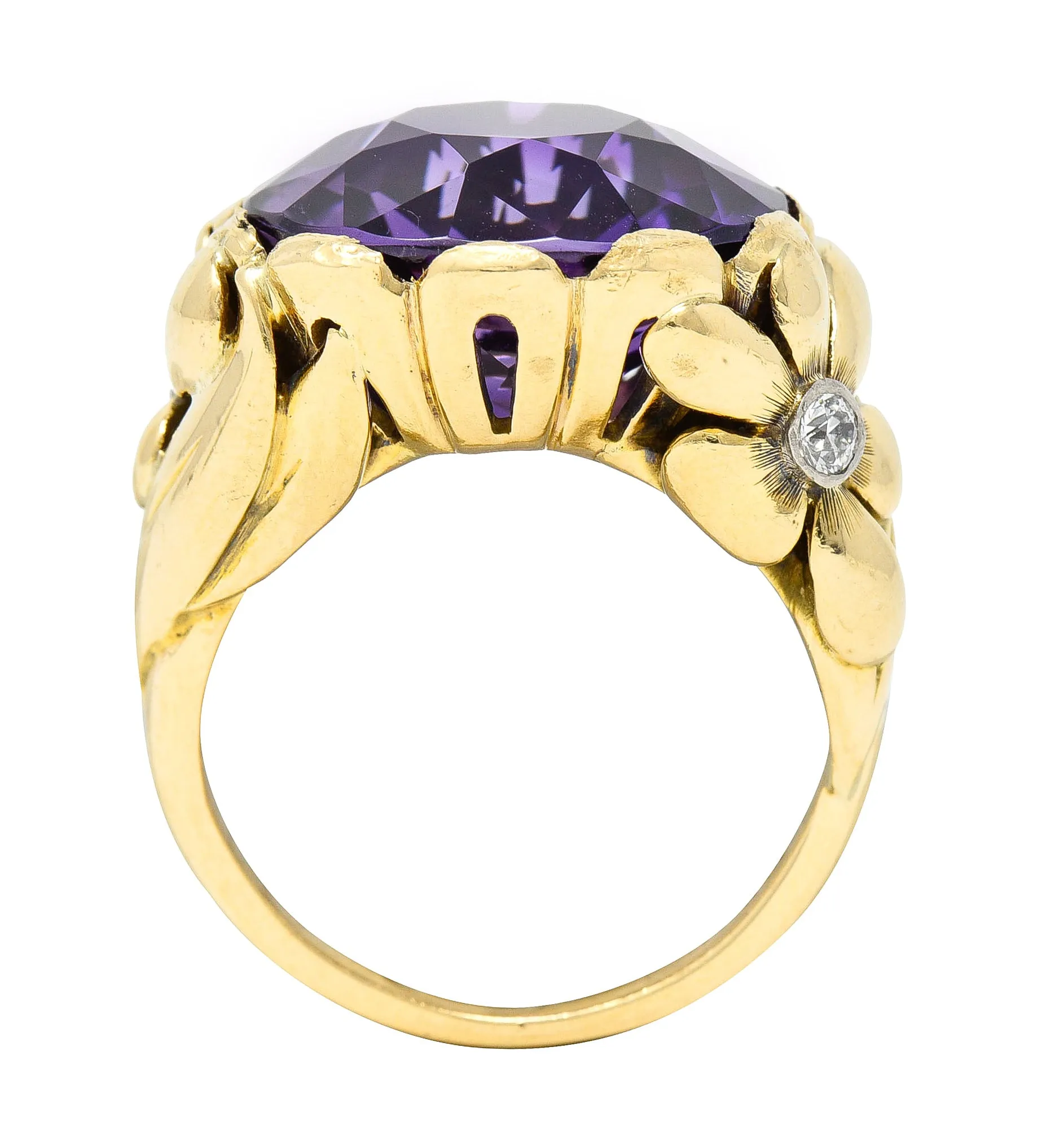 1940's Diamond Amethyst 14 Karat Two-Tone Gold Daisy Floral Retro Vintage Cocktail Ring