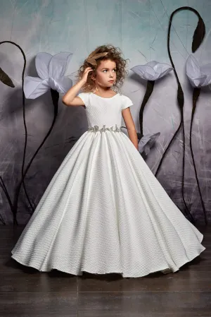 2328 Short Sleeve Rhinestone Belt Maxi Dress with Train