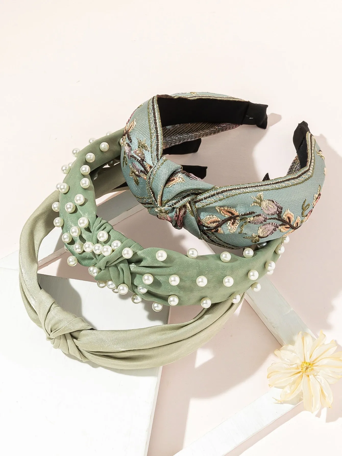 3pcs Style Crochet Flower & Solid Color Wide Headband