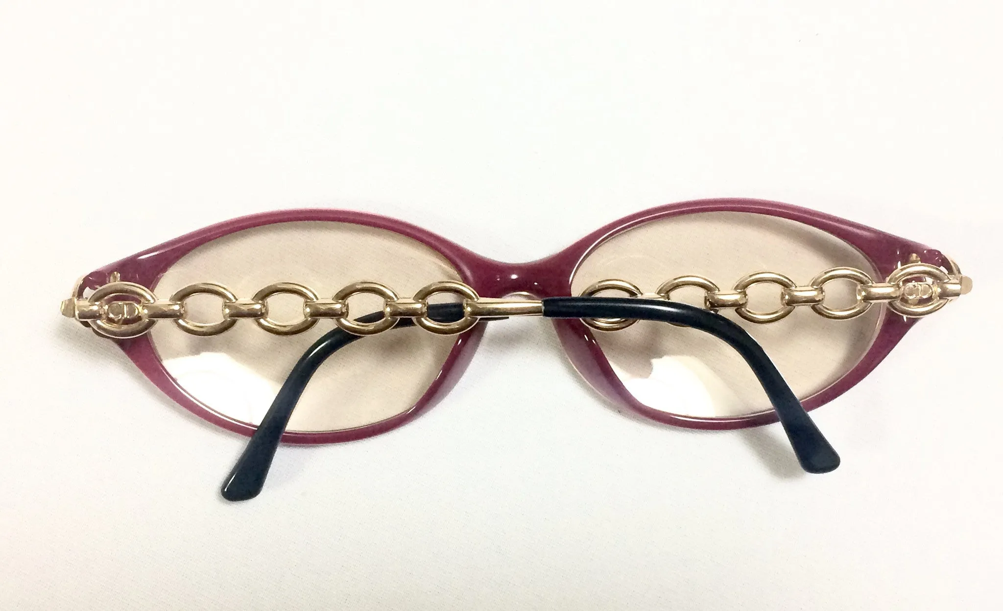 60's, 70's vintage Christian Dior pink and orange gradation sunglasses with golden chain temple. Unique and mod eyewear.
