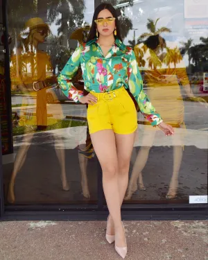 Another Cute  Style High Waist Belted Shorts Yellow