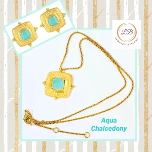 Aqua Chalcedony Gemstone 24k Gold Hammered Jewelry Set