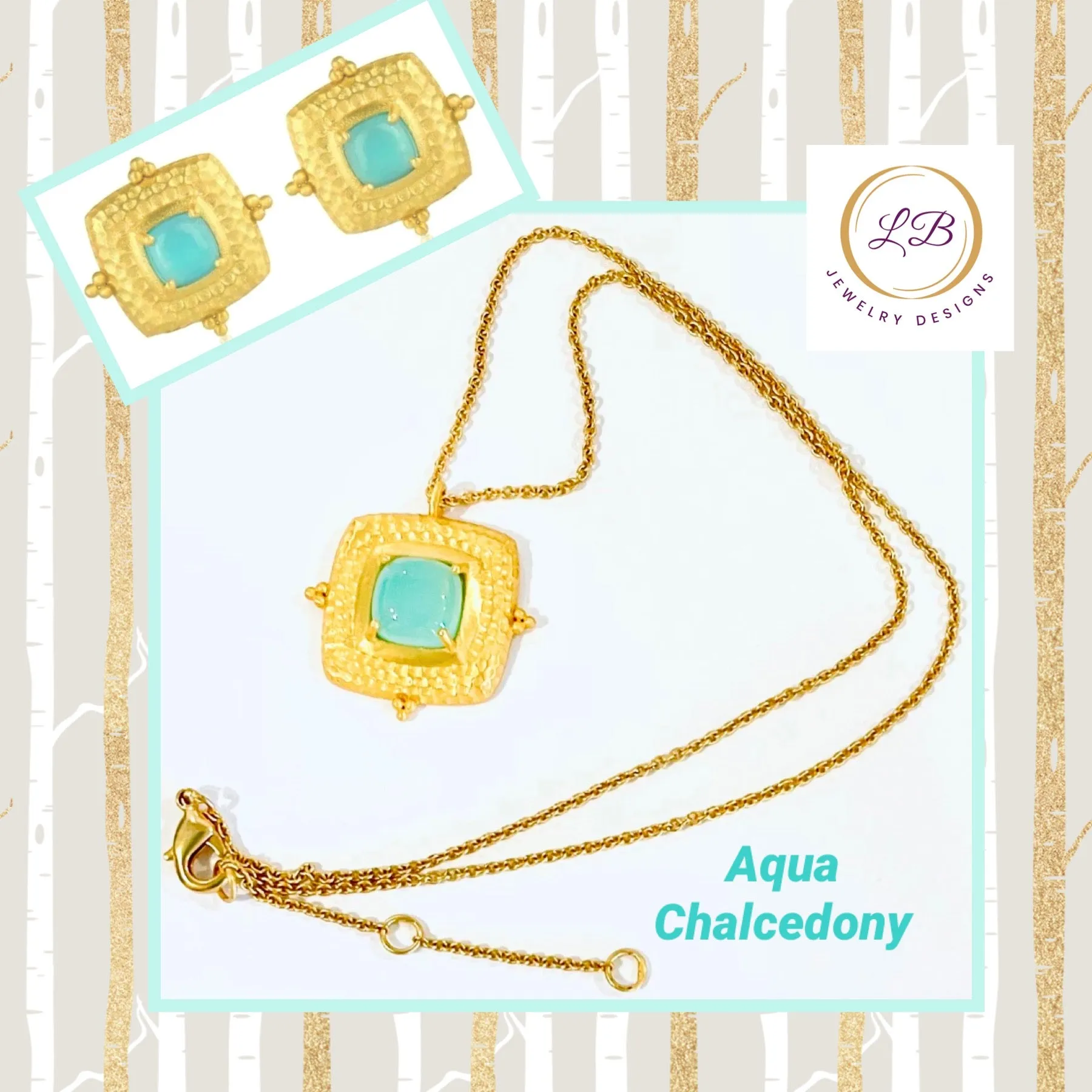 Aqua Chalcedony Gemstone 24k Gold Hammered Jewelry Set