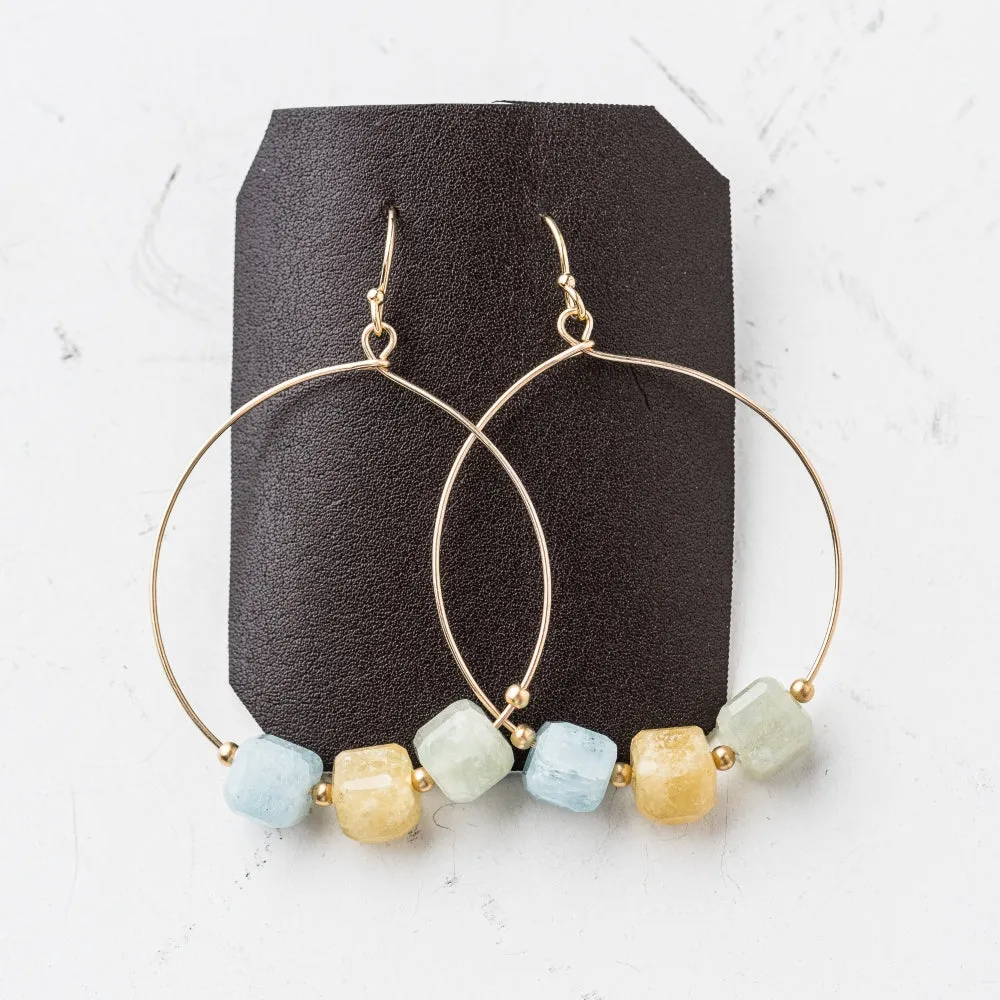 Aquamarine Cube Trio Hoop Earrings