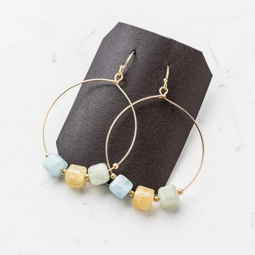 Aquamarine Cube Trio Hoop Earrings