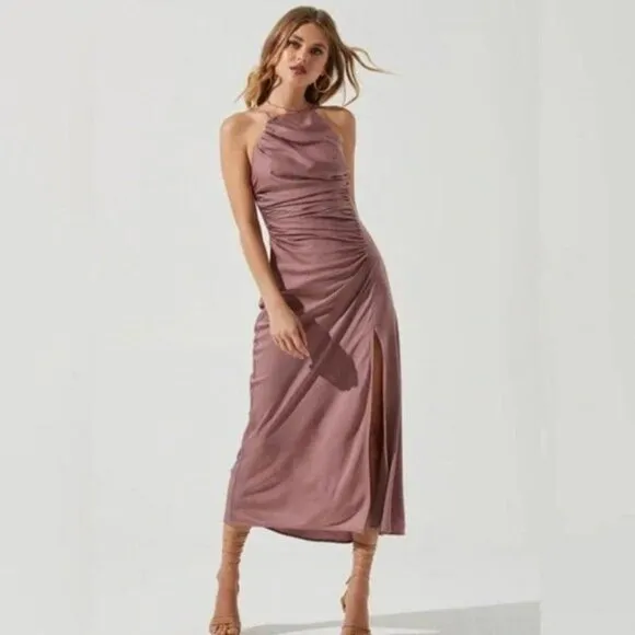 ASTR The Label Mauve Halter Neck Satin Front Slit Midi Dress Size M NWT