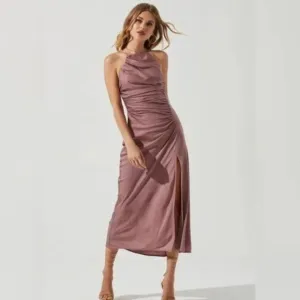 ASTR The Label Mauve Halter Neck Satin Front Slit Midi Dress Size M NWT