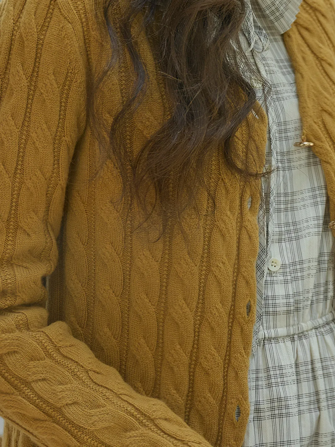 Aviana Versatile V-Neck 100% Wool Retro Cable-Knit Texture Sweater Cardigan- Yellow