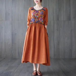 Babakud Women Autumn Retro Embroidery Cotton Linen Dress
