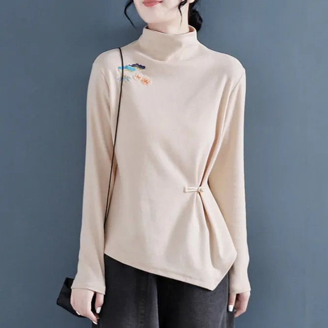 Babakud Women Retro Embroidered Long-Sleeve Cotton T-Shirt with Button Closure