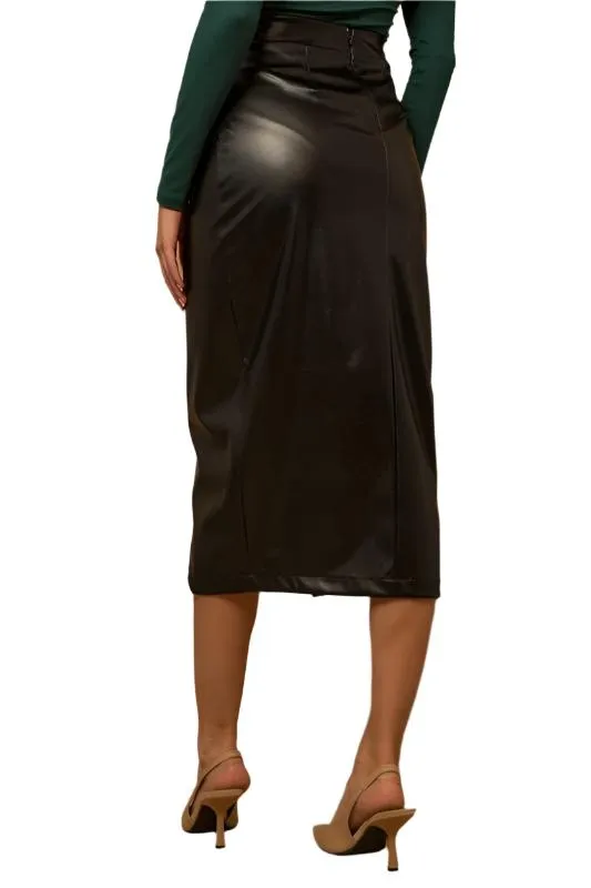 Back Zipper Side Pleated Wrap PU Midi Skirt