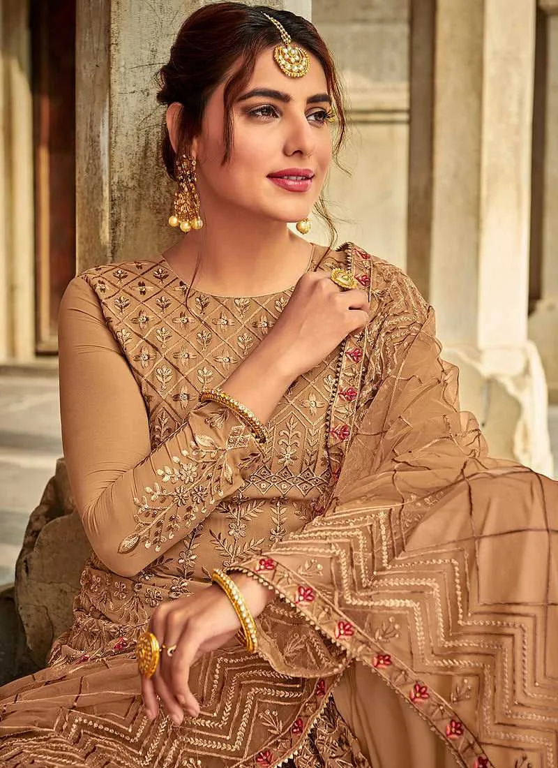 Beige Embroidered Palazzo Style Suit