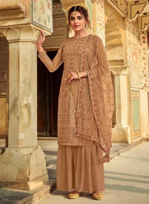 Beige Embroidered Palazzo Style Suit
