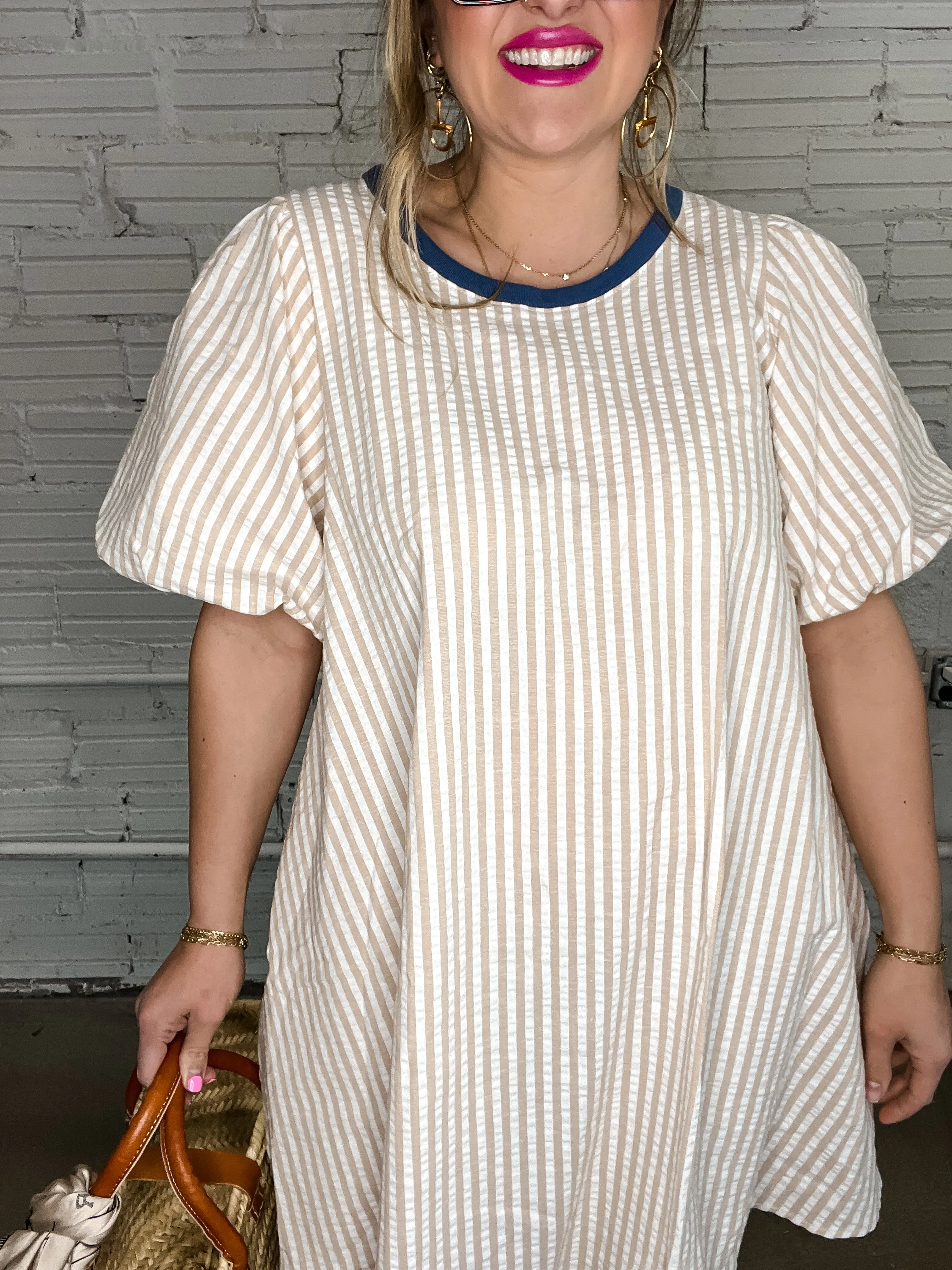 Beige Stripe Puff Sleeve Mini Dress