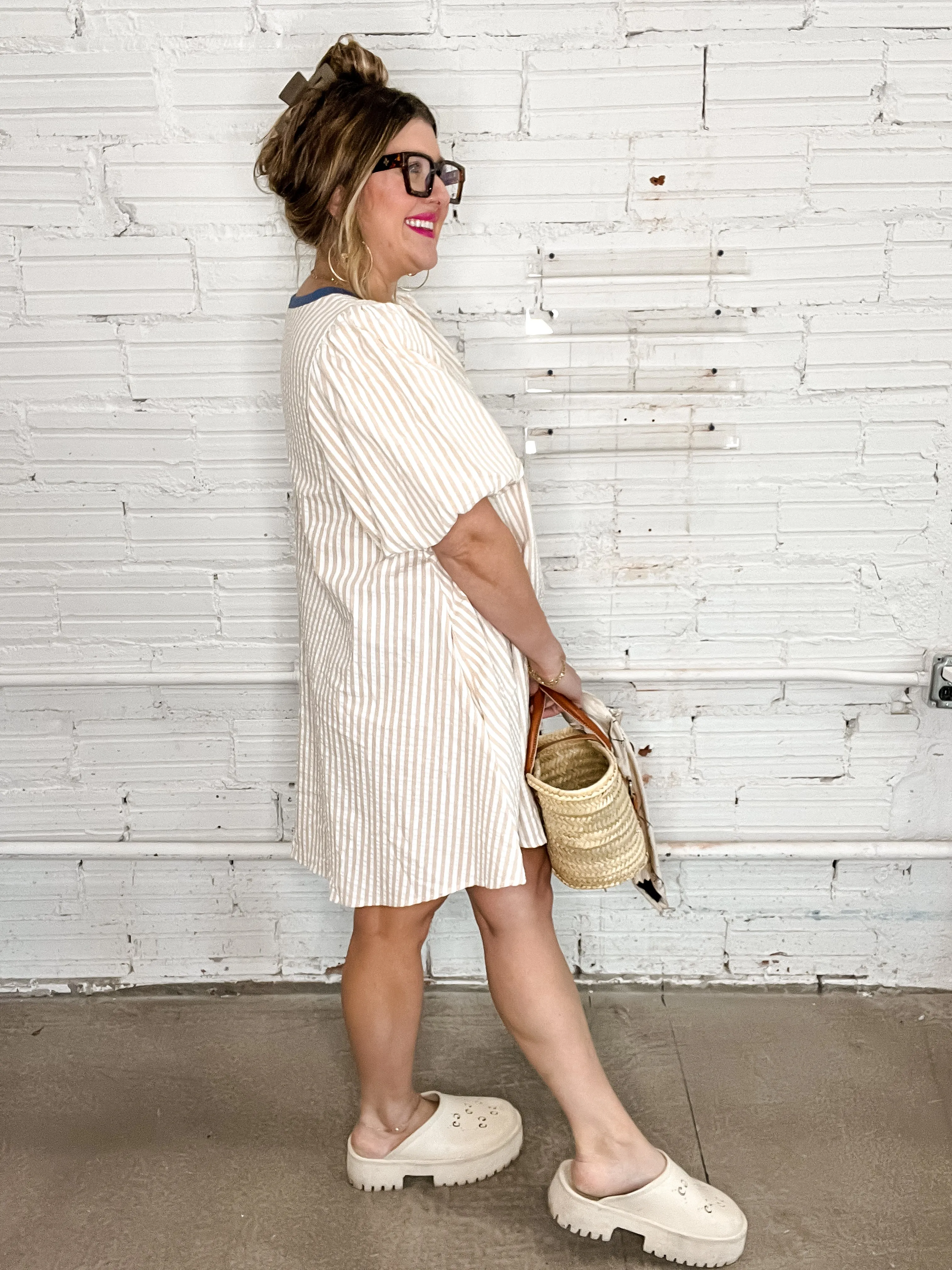 Beige Stripe Puff Sleeve Mini Dress