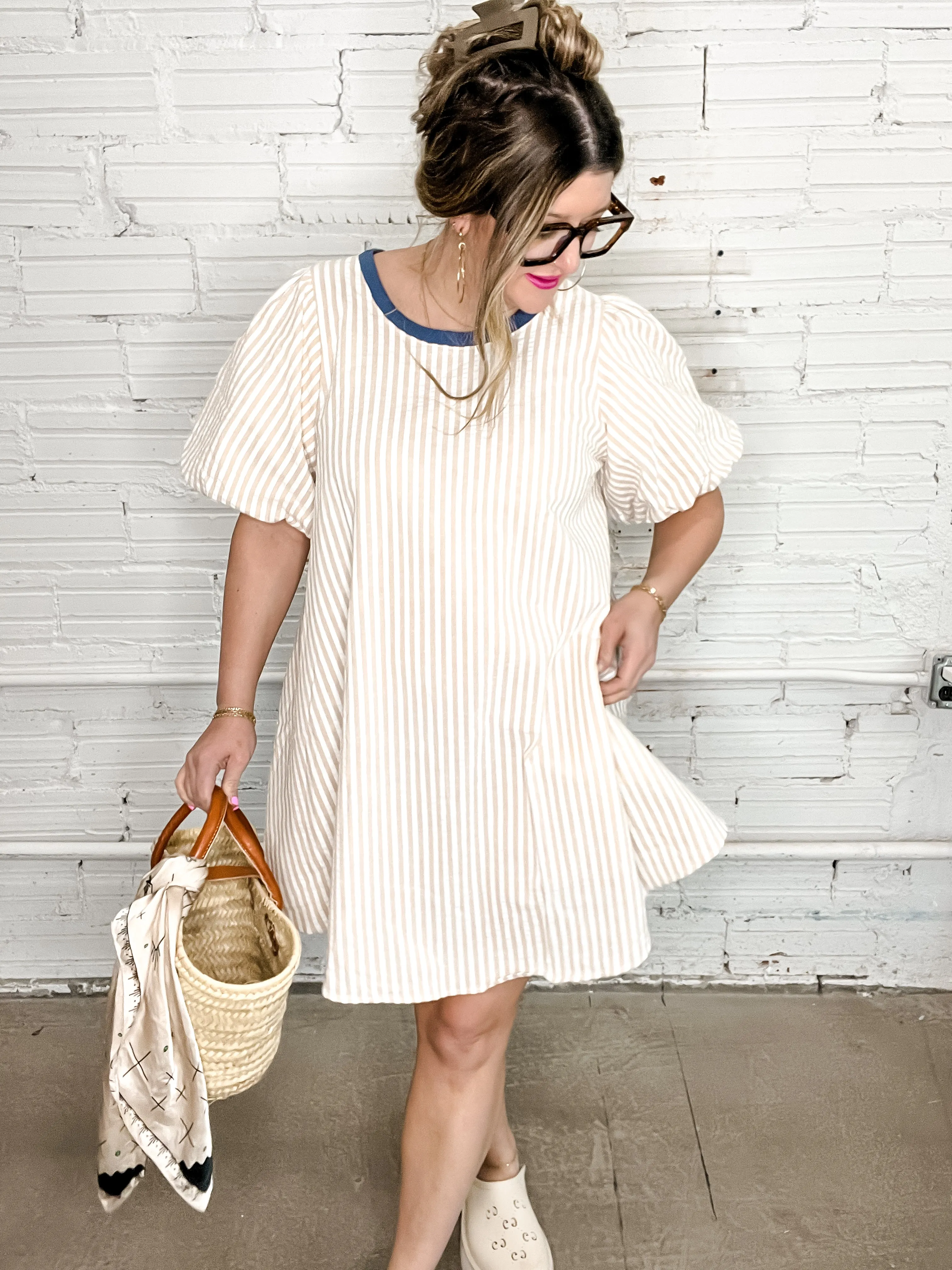 Beige Stripe Puff Sleeve Mini Dress