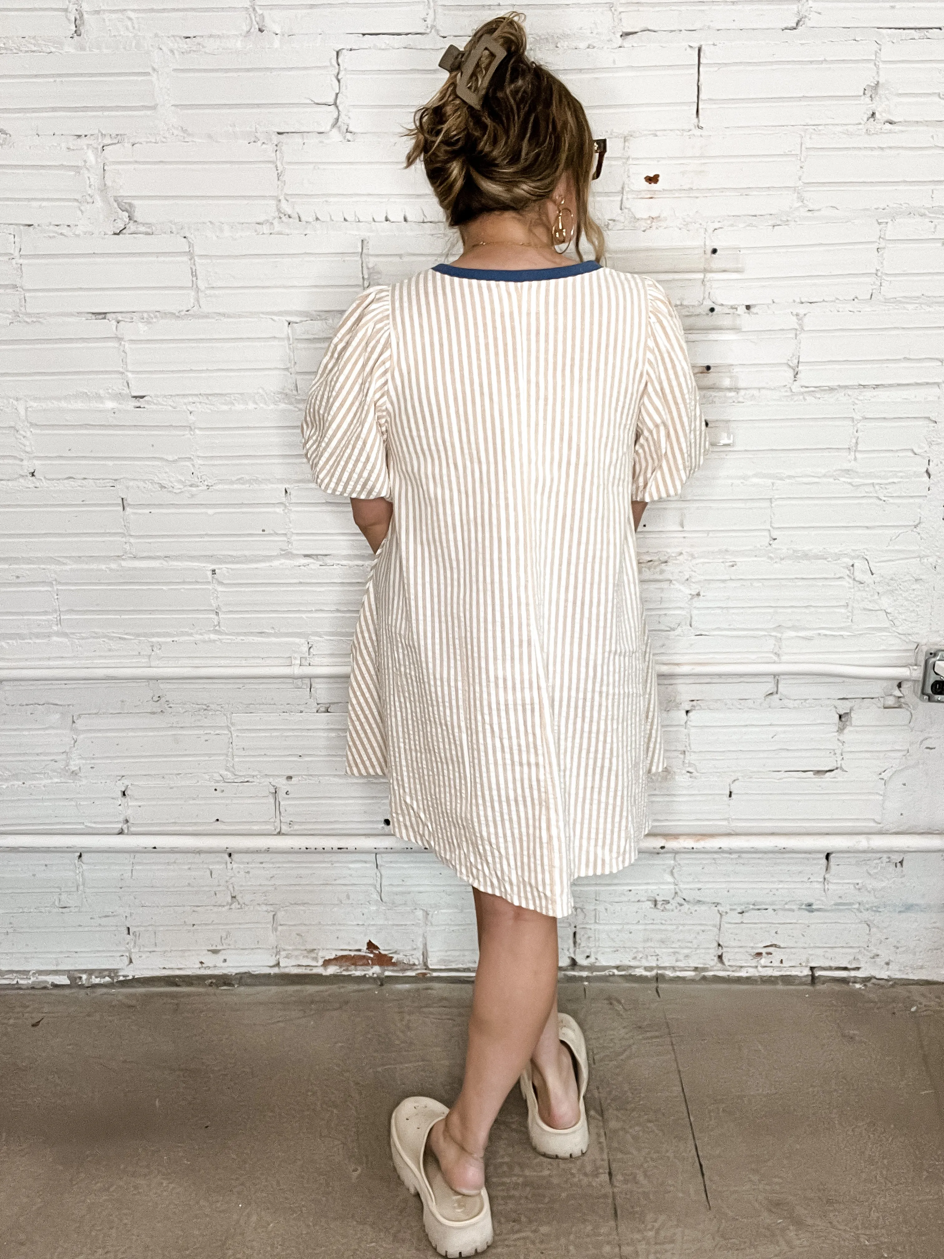 Beige Stripe Puff Sleeve Mini Dress
