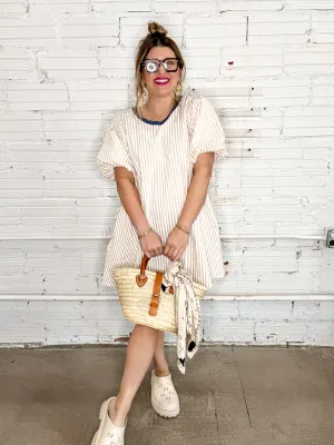 Beige Stripe Puff Sleeve Mini Dress