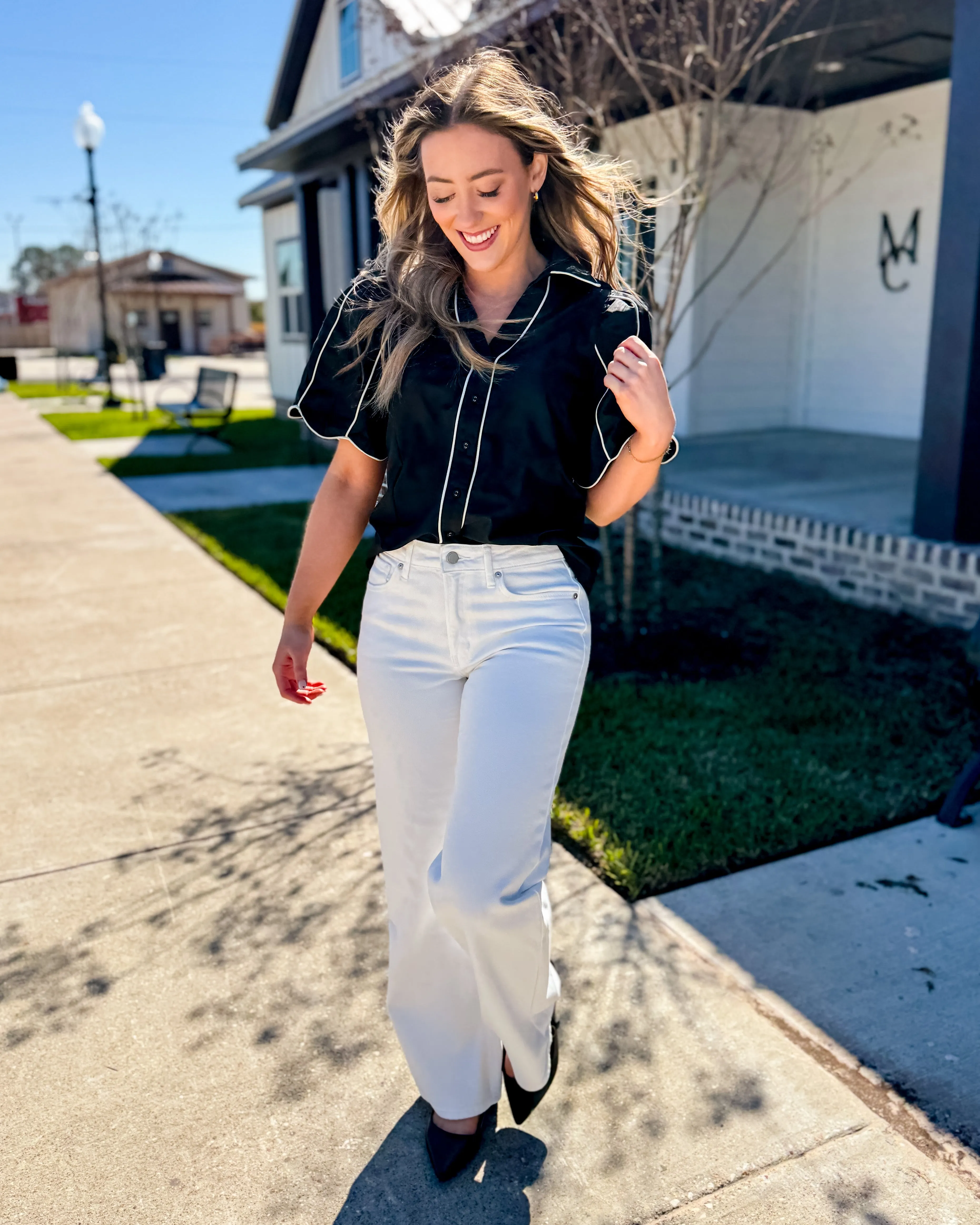 Black Button Down Top with White Detail
