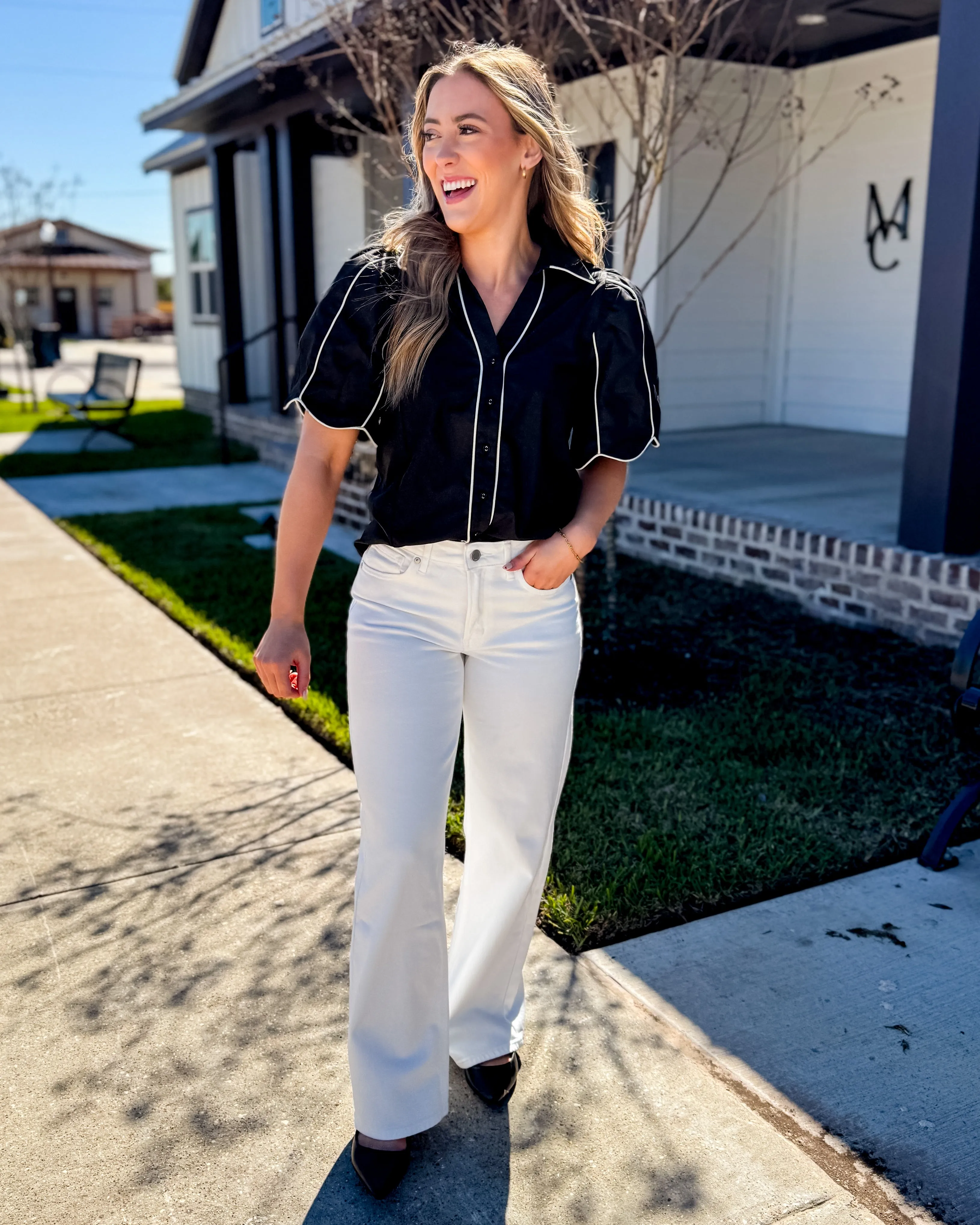 Black Button Down Top with White Detail