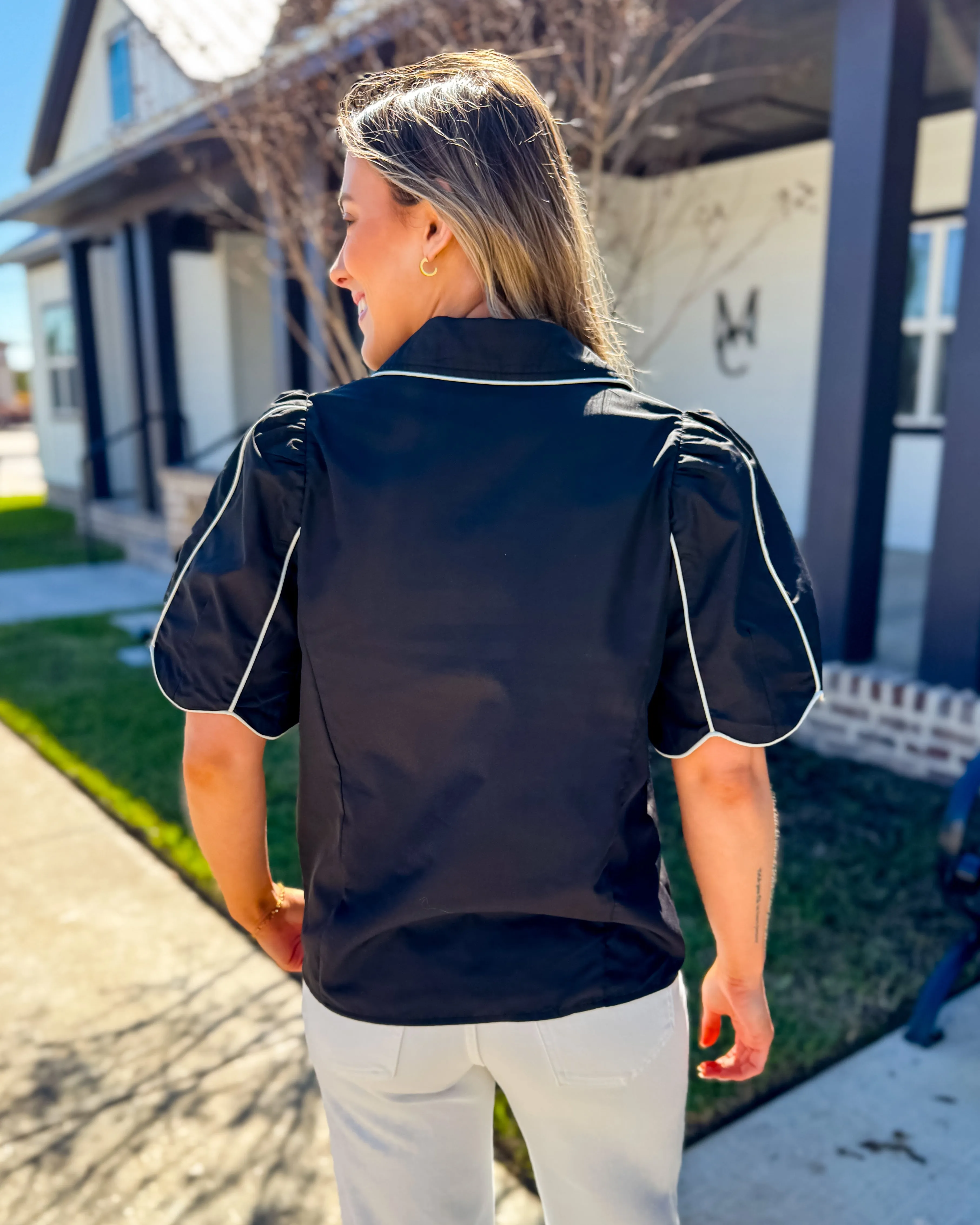 Black Button Down Top with White Detail