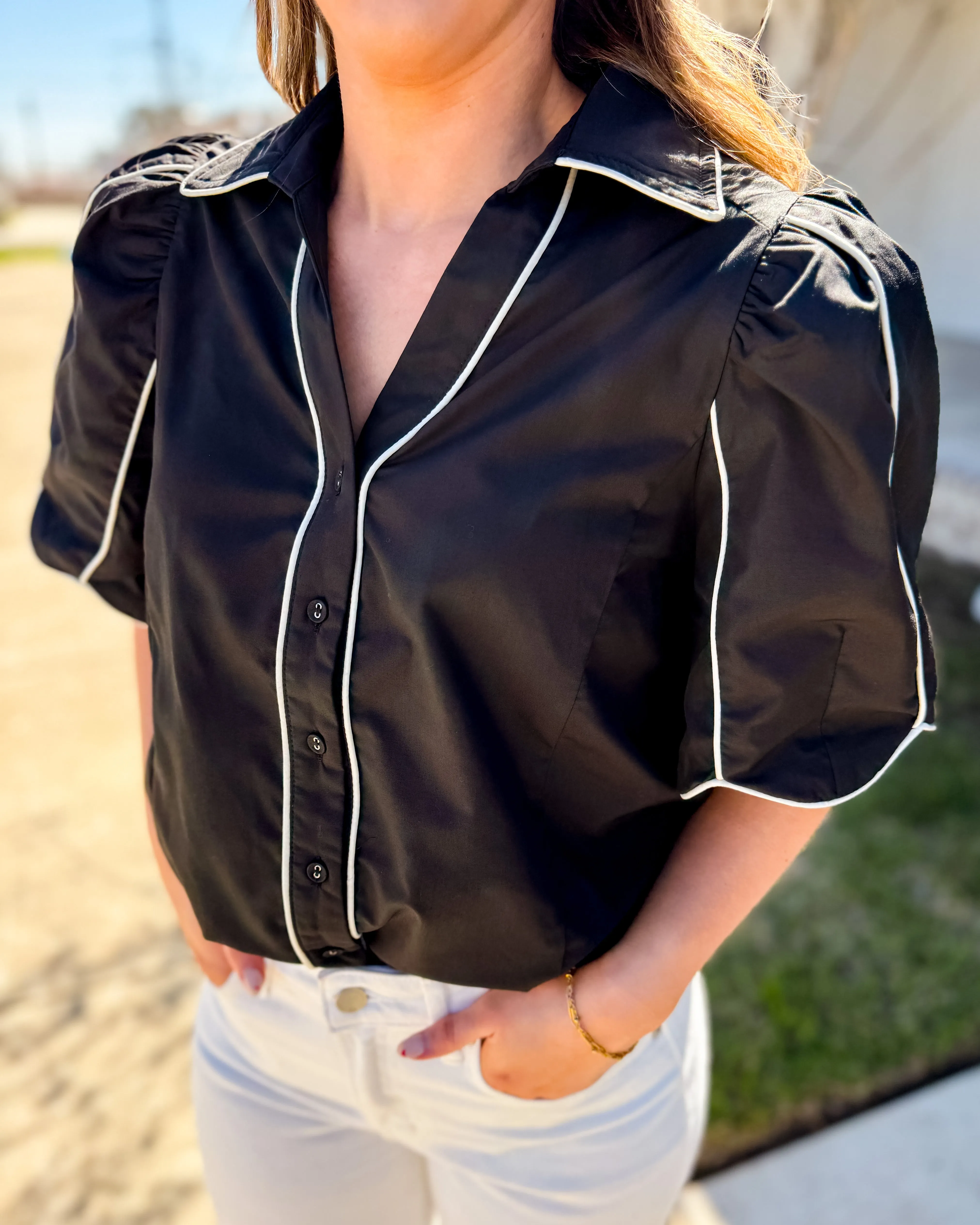 Black Button Down Top with White Detail