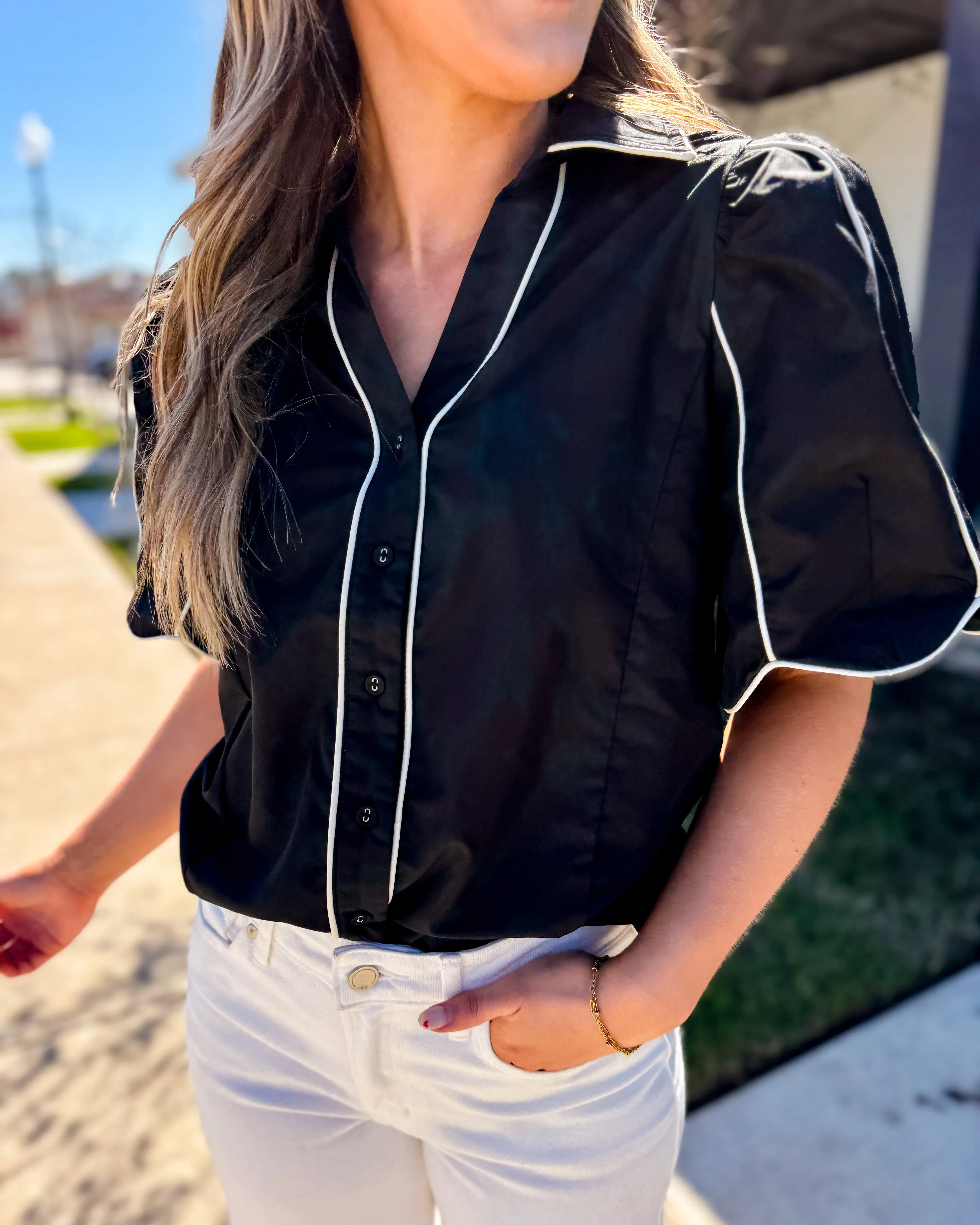 Black Button Down Top with White Detail
