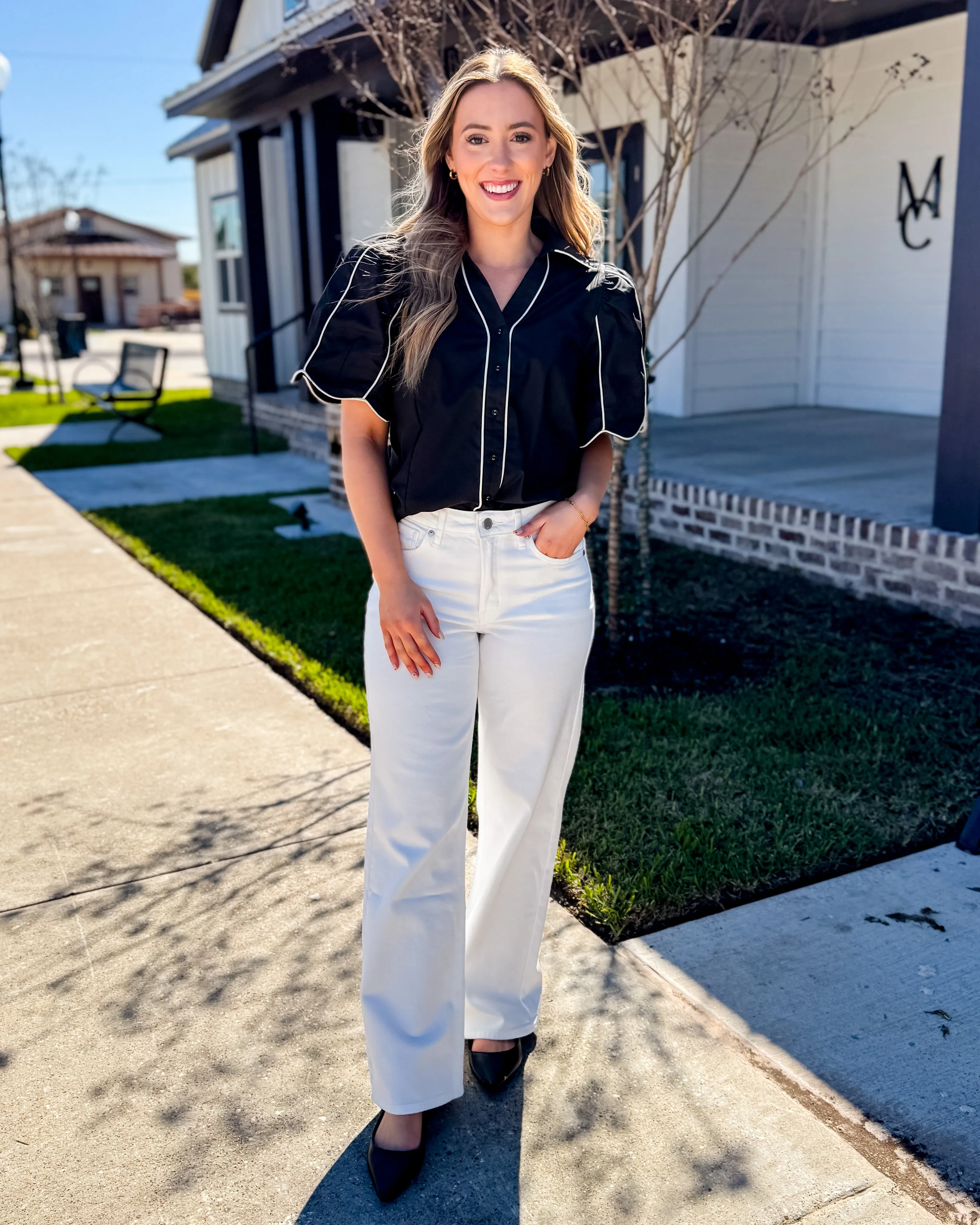Black Button Down Top with White Detail