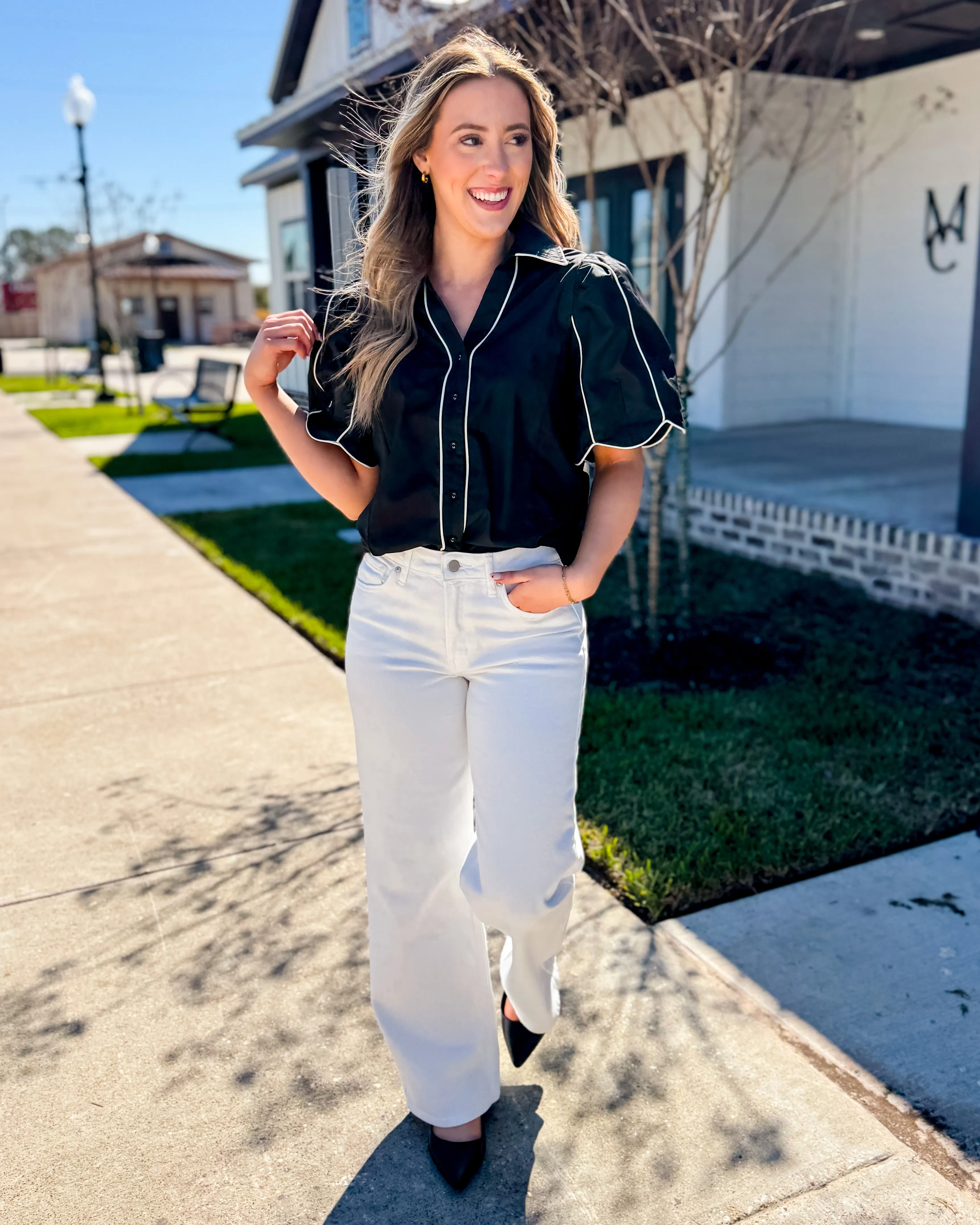 Black Button Down Top with White Detail