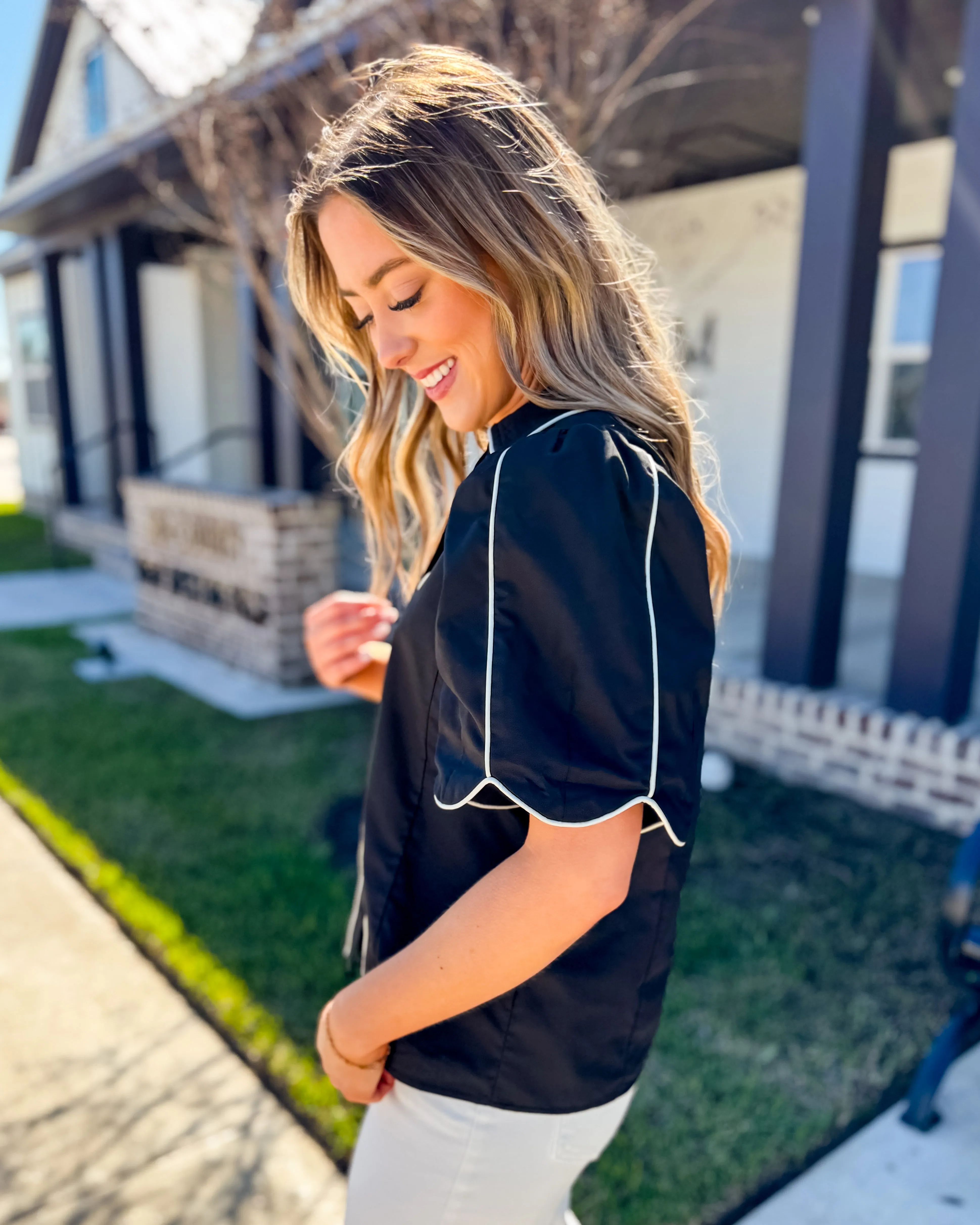 Black Button Down Top with White Detail