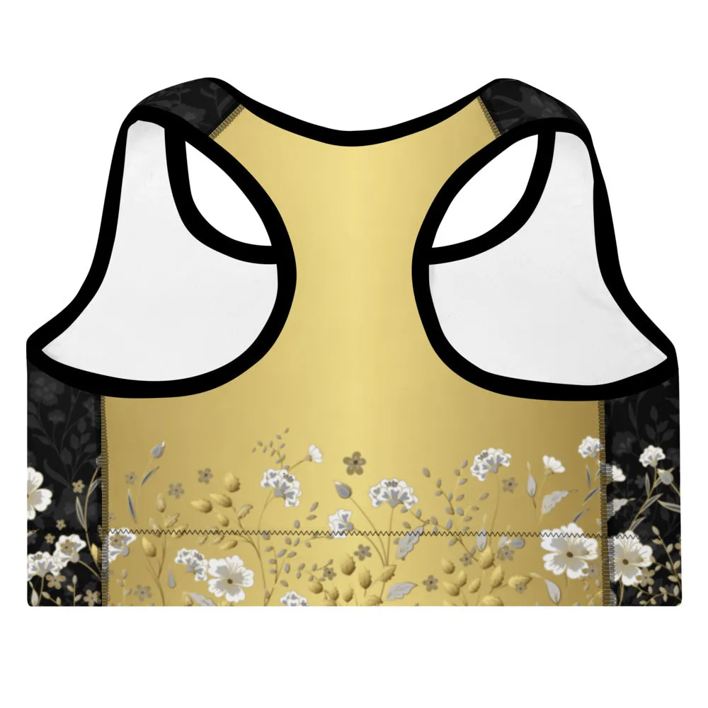 Black Jacquard and Gold Flowers - Padded Sports Bra