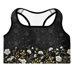 Black Jacquard and Gold Flowers - Padded Sports Bra