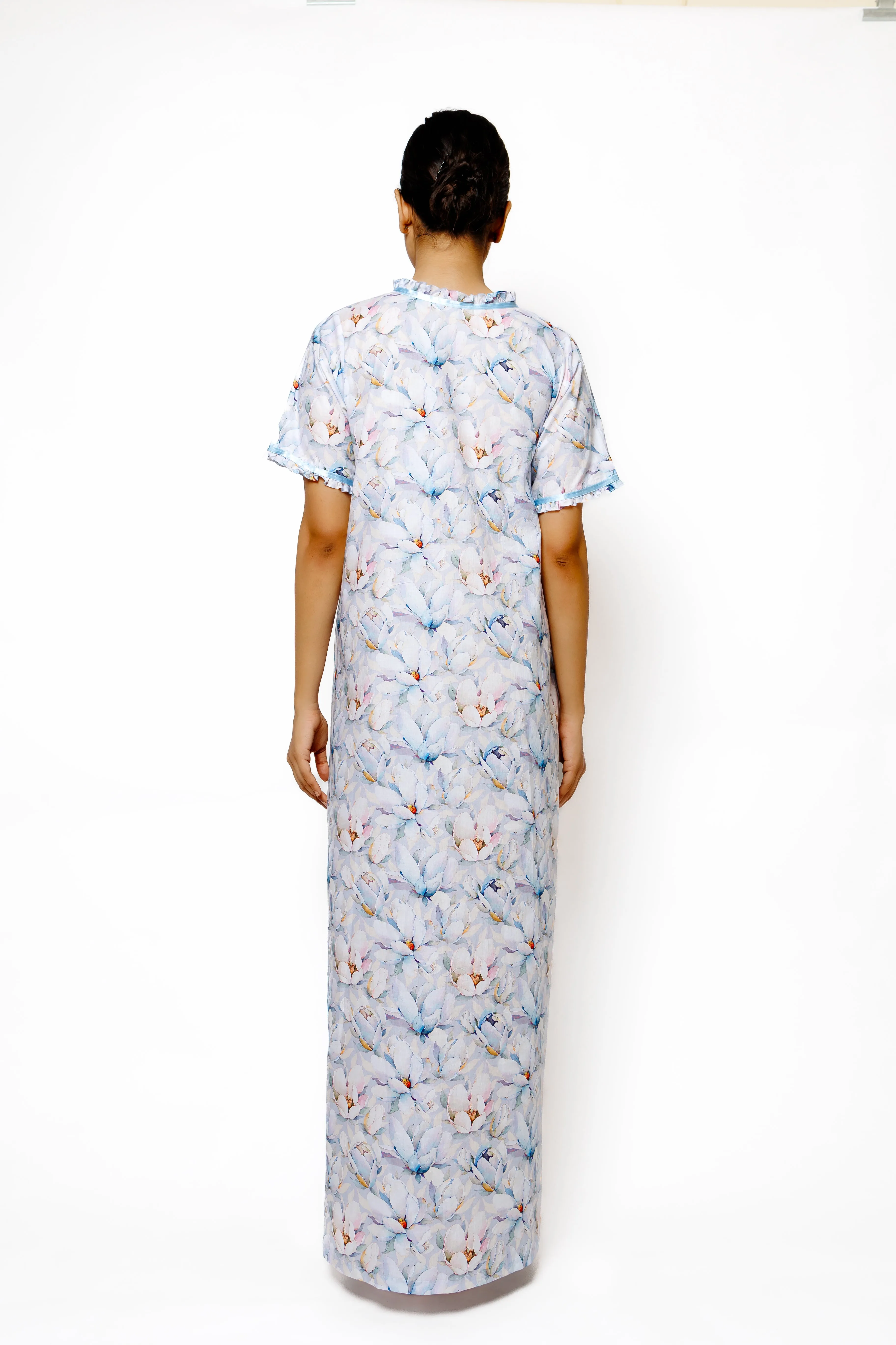Blossom Breeze – Cotton Nighty with Frill Neckline