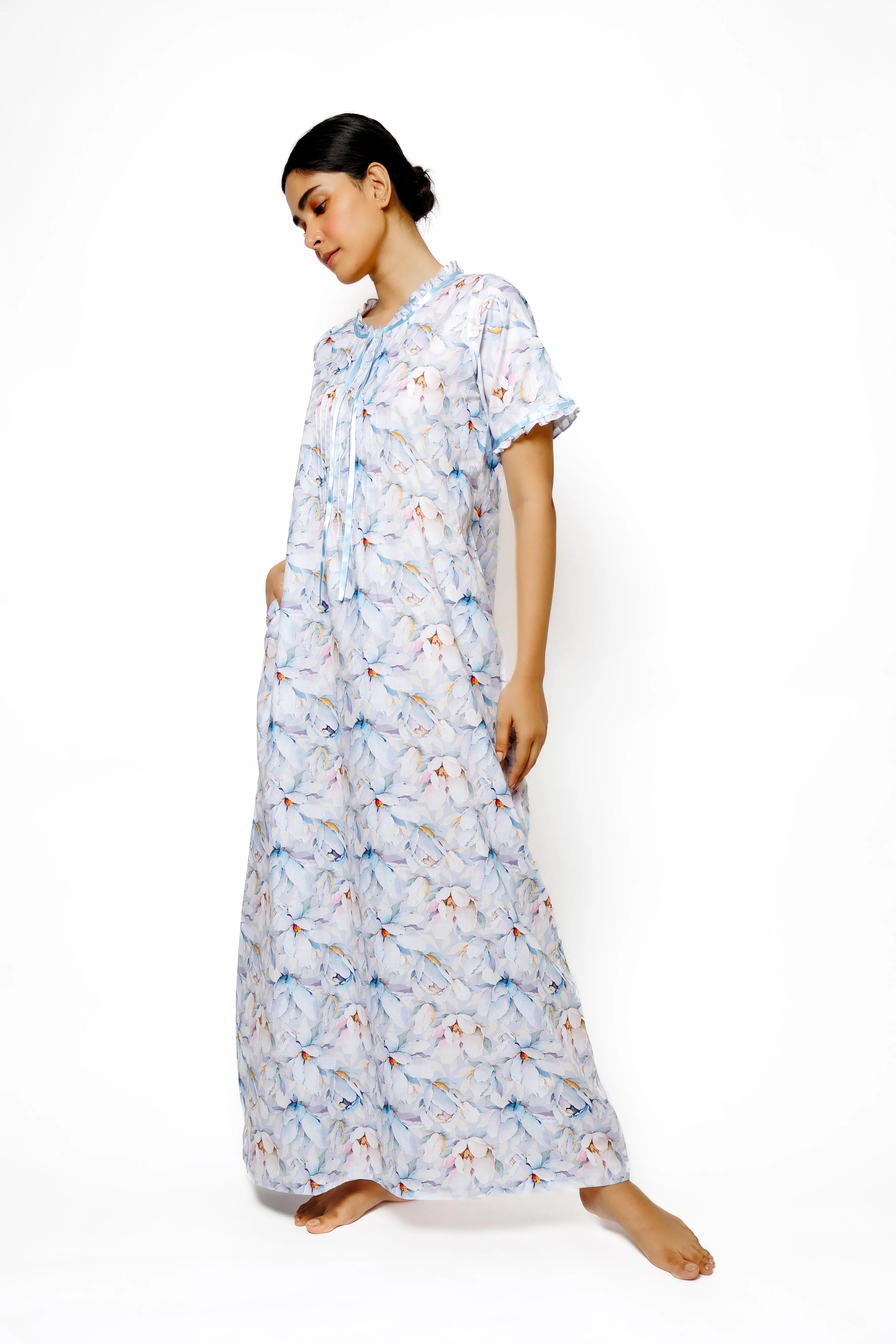 Blossom Breeze – Cotton Nighty with Frill Neckline