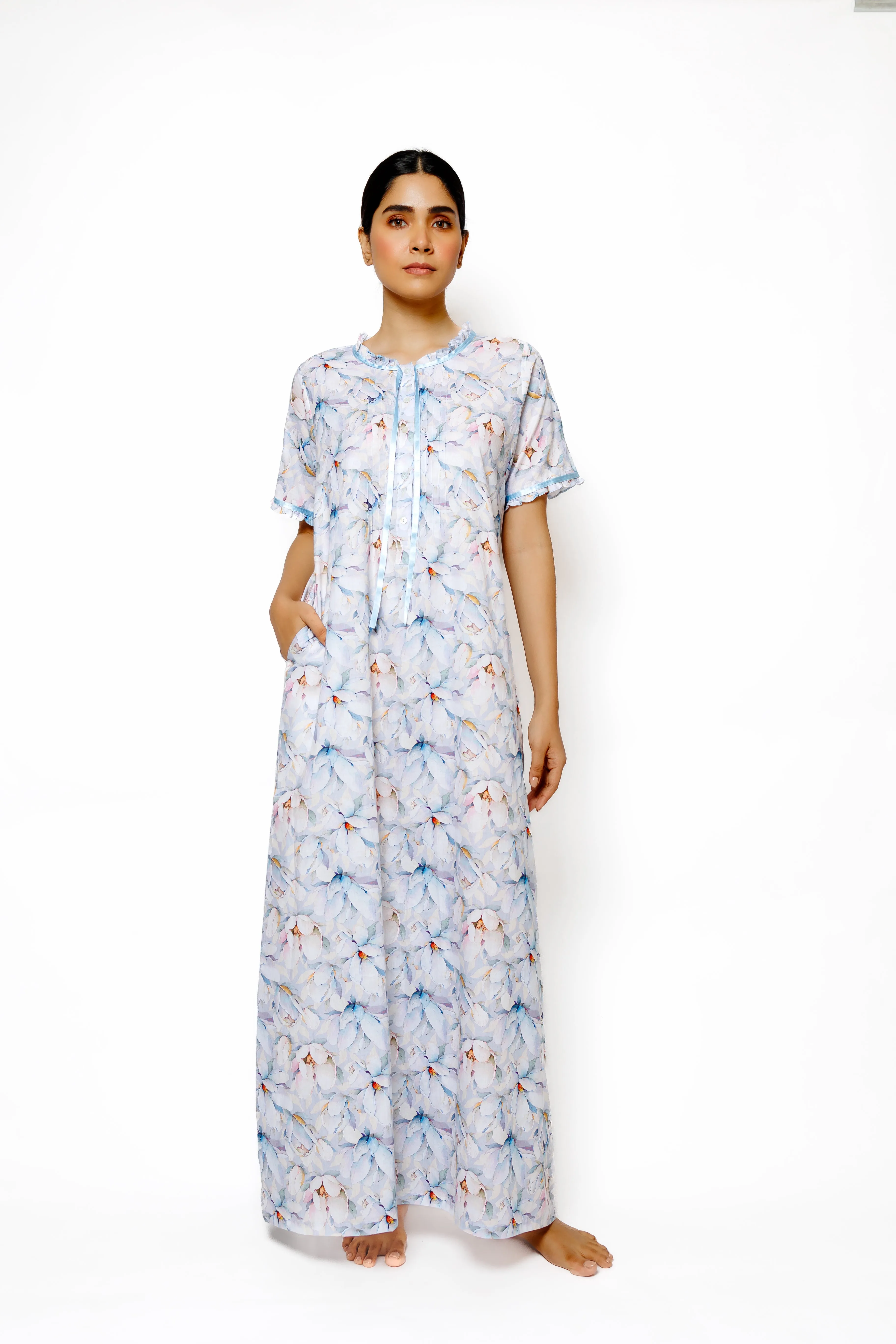 Blossom Breeze – Cotton Nighty with Frill Neckline