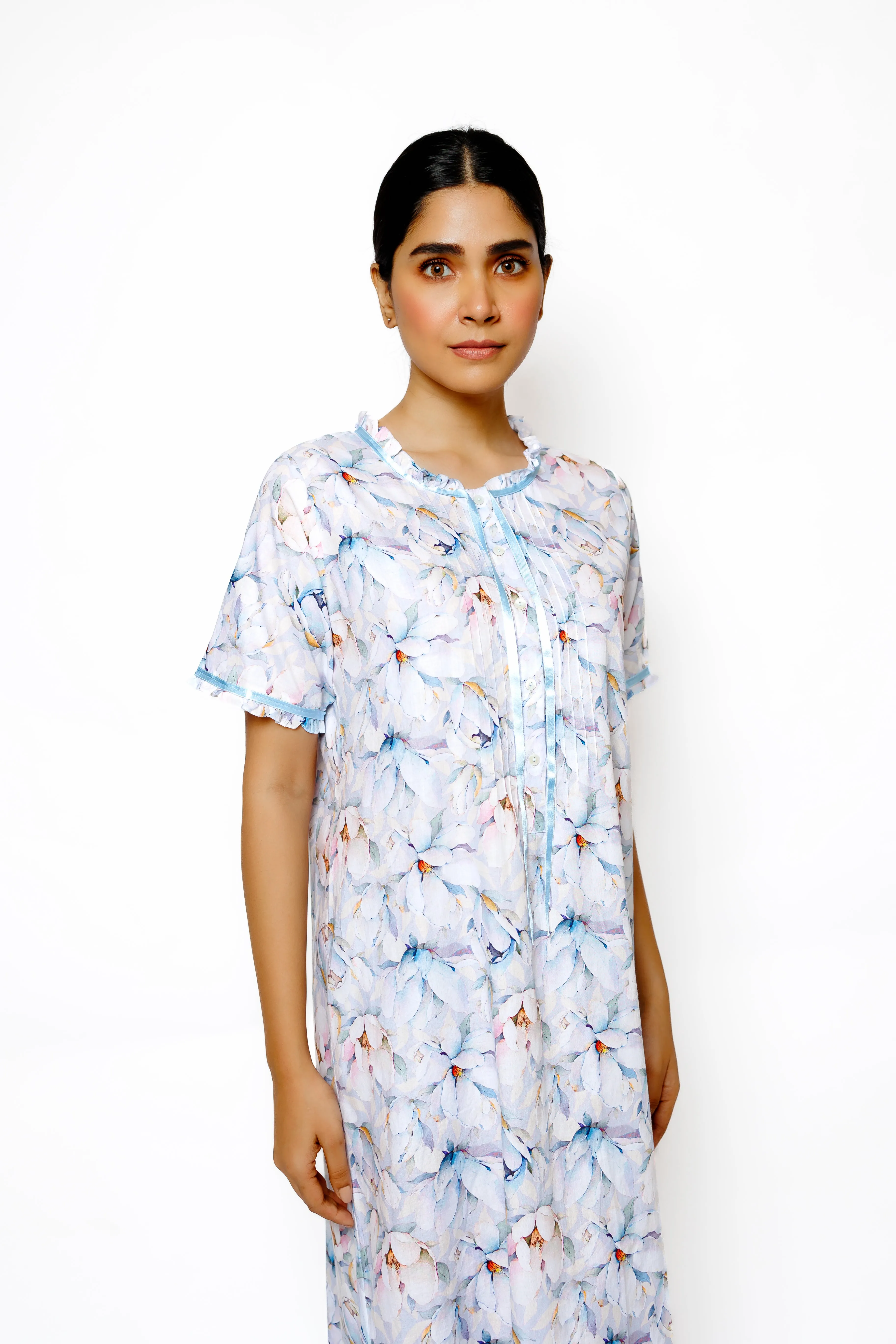Blossom Breeze – Cotton Nighty with Frill Neckline