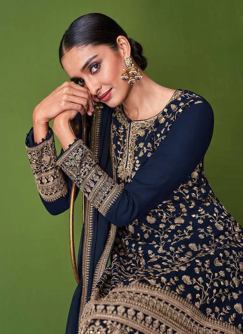 Blue and Gold Embroidered Palazzo Style Suit
