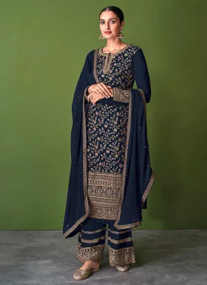 Blue and Gold Embroidered Palazzo Style Suit