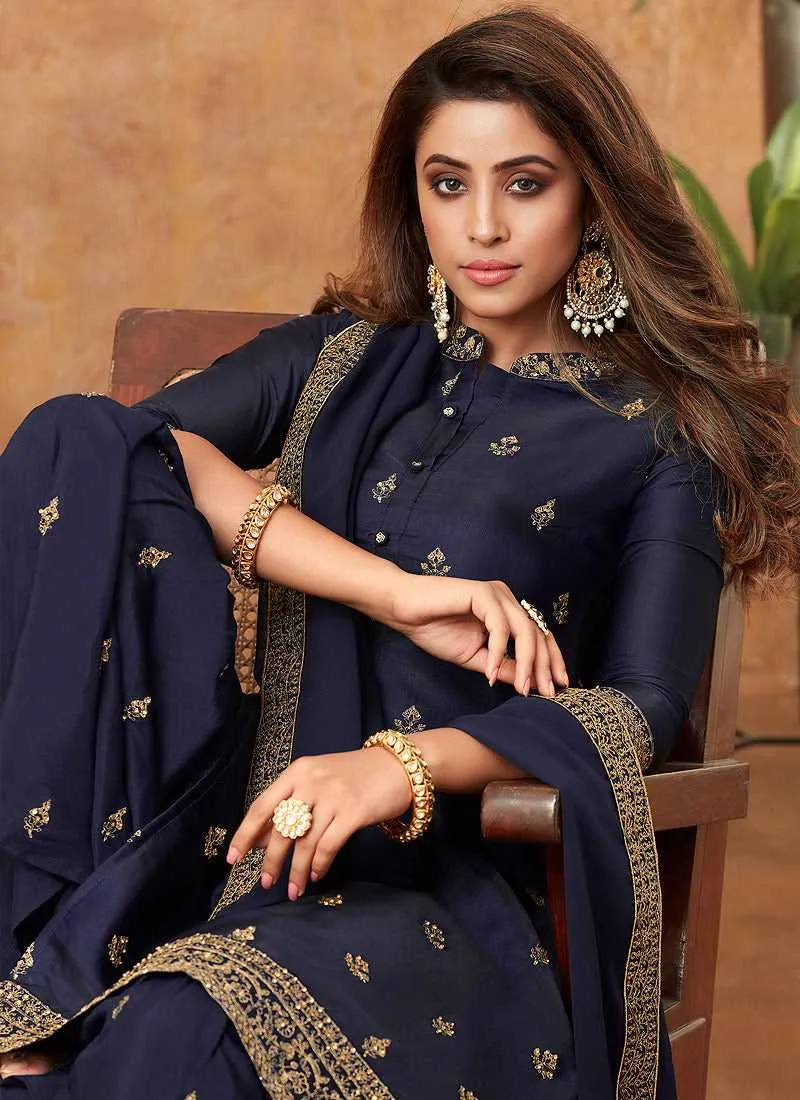 Blue Embroidered Silk Palazzo Style Suit