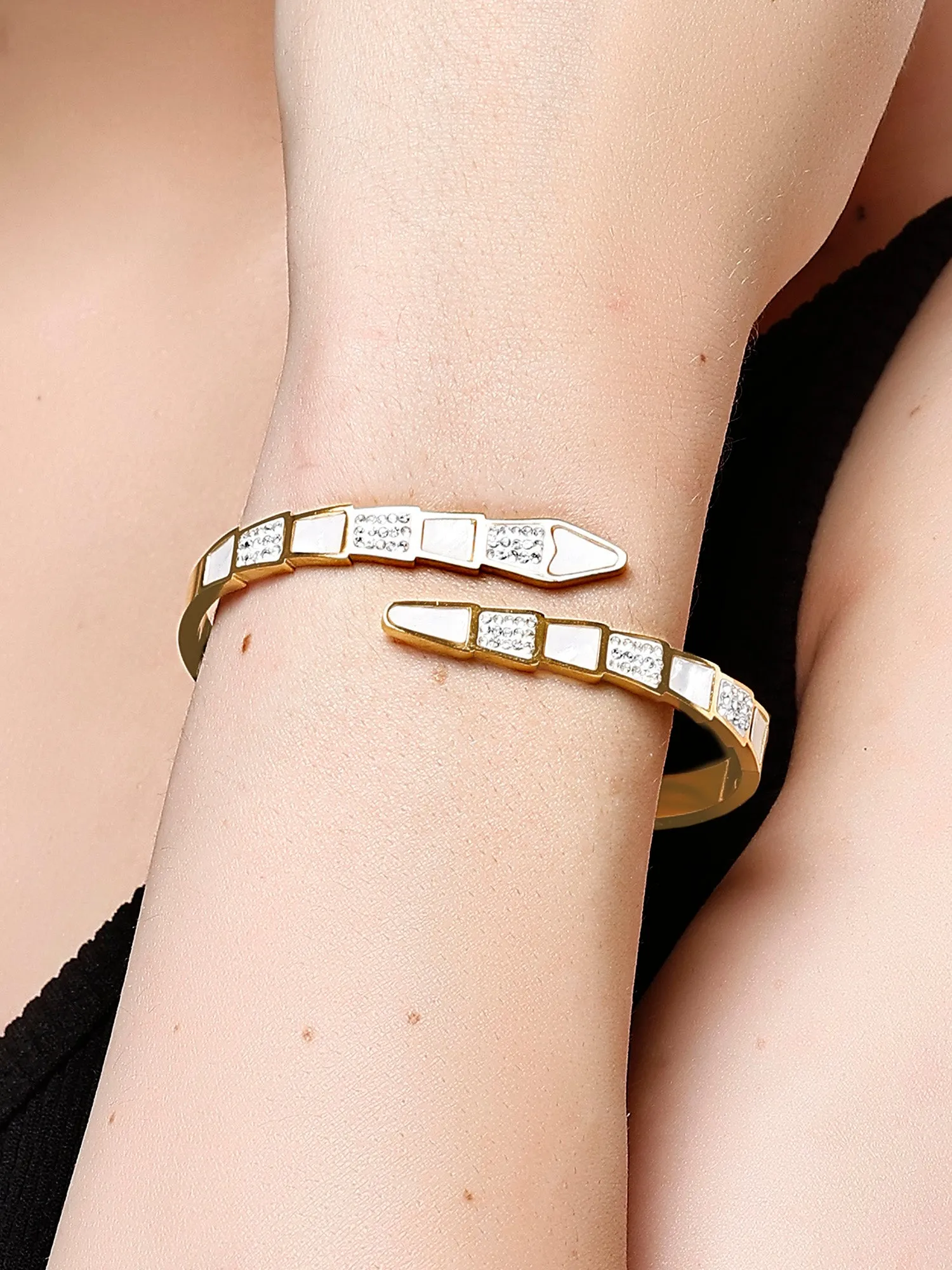 Bohey by KARATCART Gold-Plated White Cubic Zirconia Studded Bangle-Style Bracelet for Women