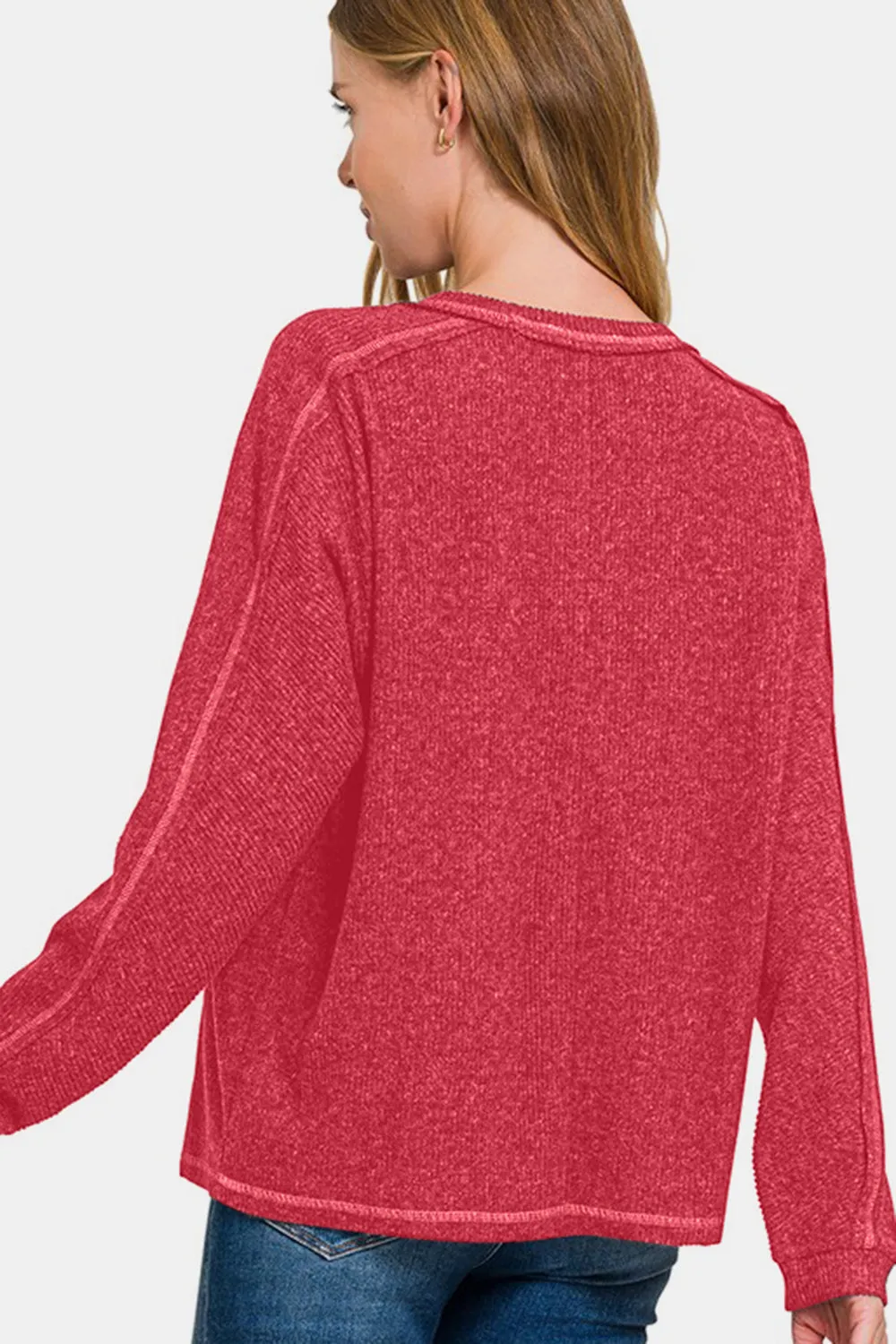 Brushed Ribbed Hacci Knit Top by Zenana - Red (Ships in 2-3 Weeks)