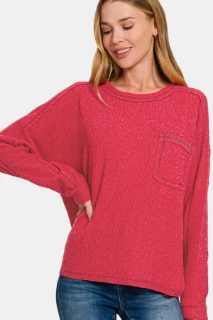 Brushed Ribbed Hacci Knit Top by Zenana - Red (Ships in 2-3 Weeks)