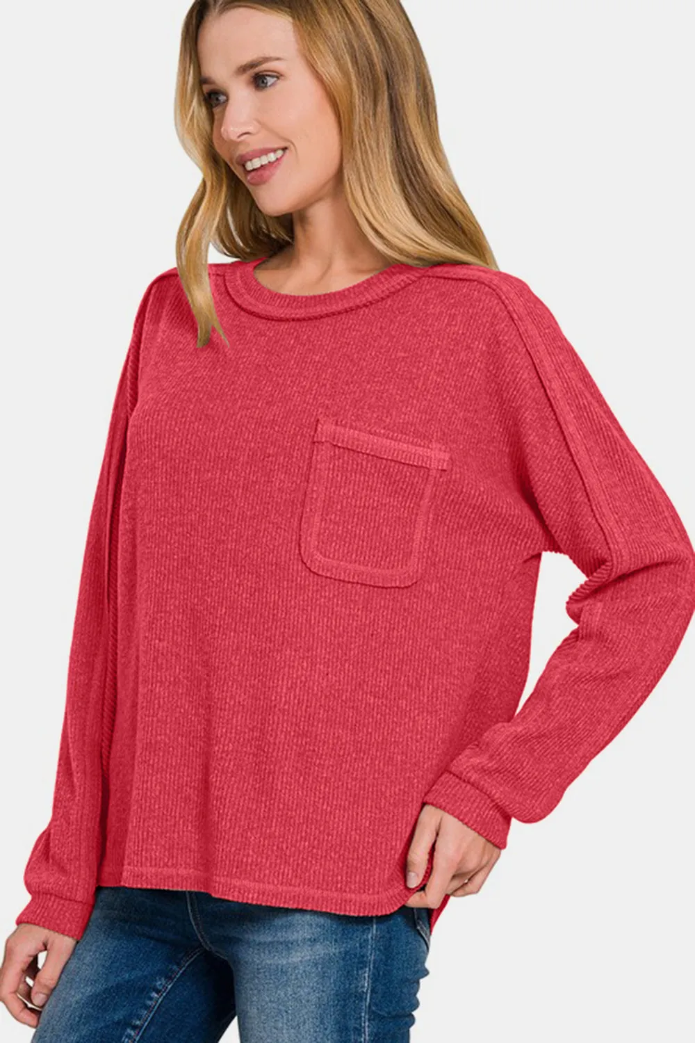 Brushed Ribbed Hacci Knit Top by Zenana - Red (Ships in 2-3 Weeks)